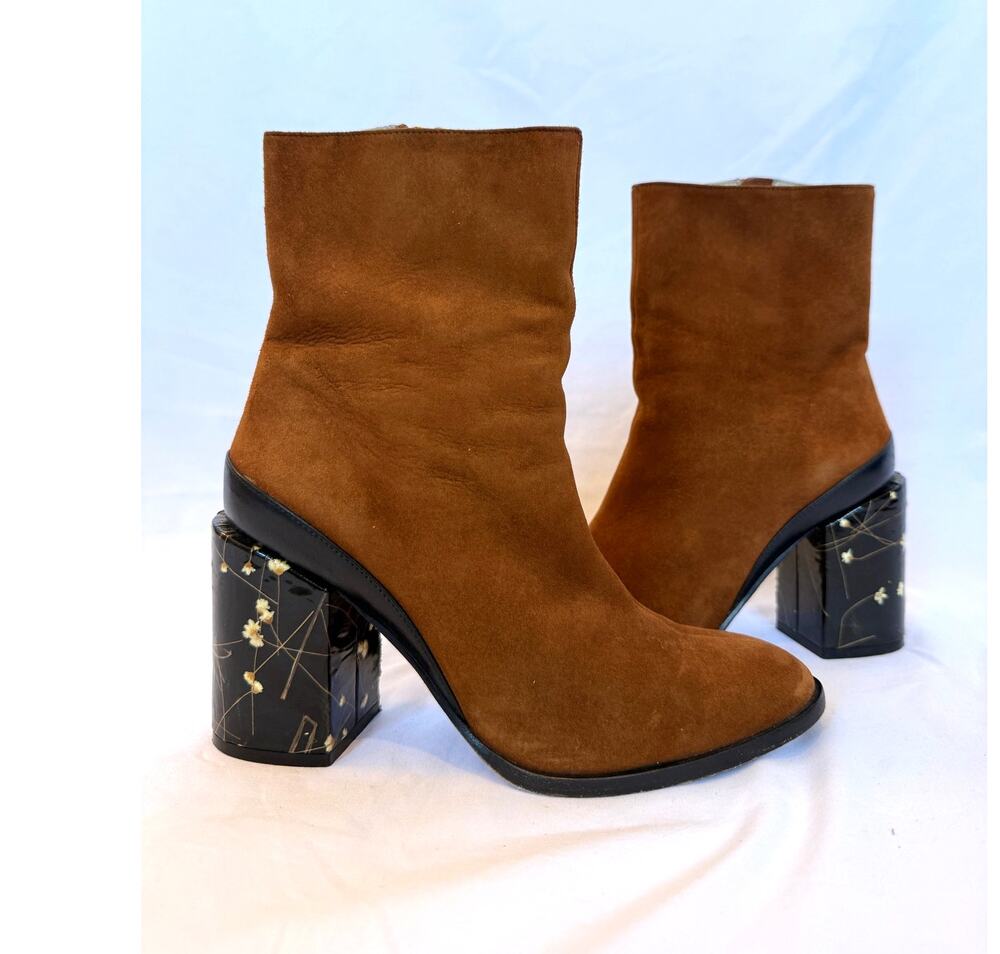 Dear Frances Spirit Ankle Boots Copper Suede Black Block Floral Heel, 37, 7